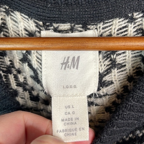 H&M 90s Vibe Wool Blend Nordic Pattern Knit Sweater Black White Round Neck L - Picture 7 of 10